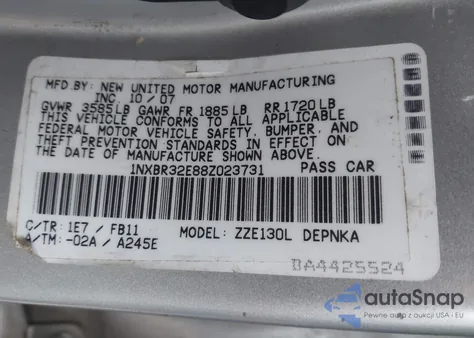 2008 Toyota Corolla Le z USA, uszkodzony, nr VIN 1NXBR32E88Z023731